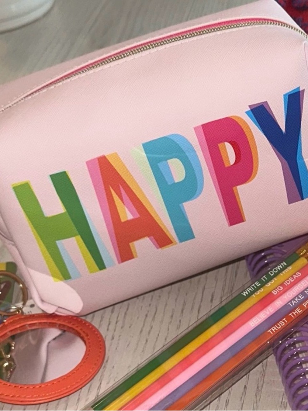 Happy Pink Cosmetic Pouch with Multicolor Lettering